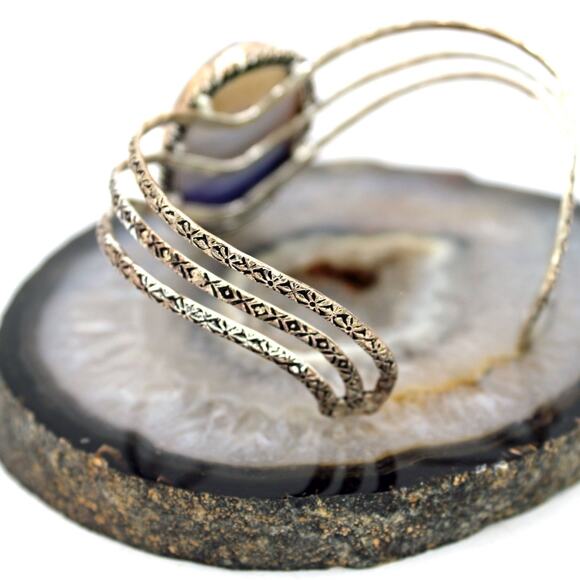 Sterling Silver Blue Agate Chevron Cuff Bracelet. - Picture 7 of 8